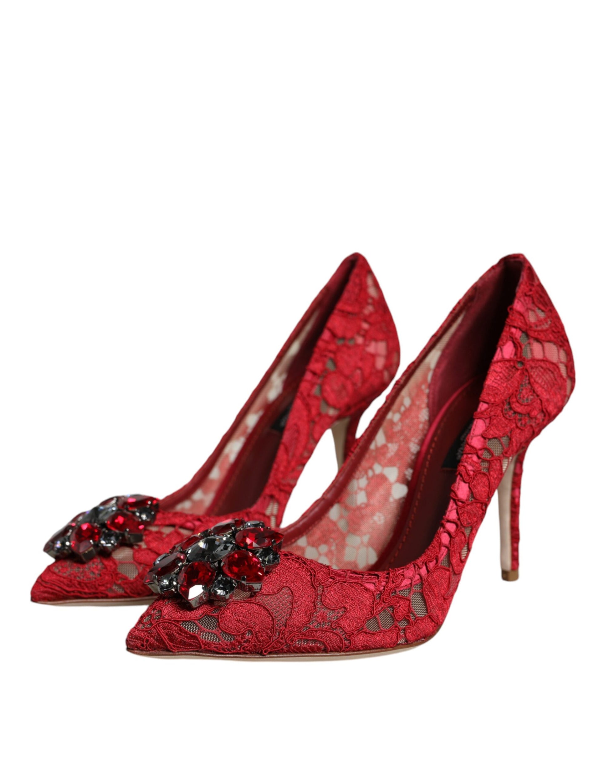 Rote Taormina Pumps mit Spitzen und Kristallabsatz