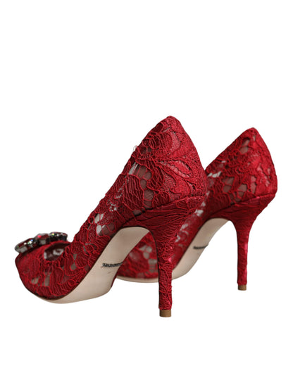 Rote Taormina Pumps mit Spitzen und Kristallabsatz