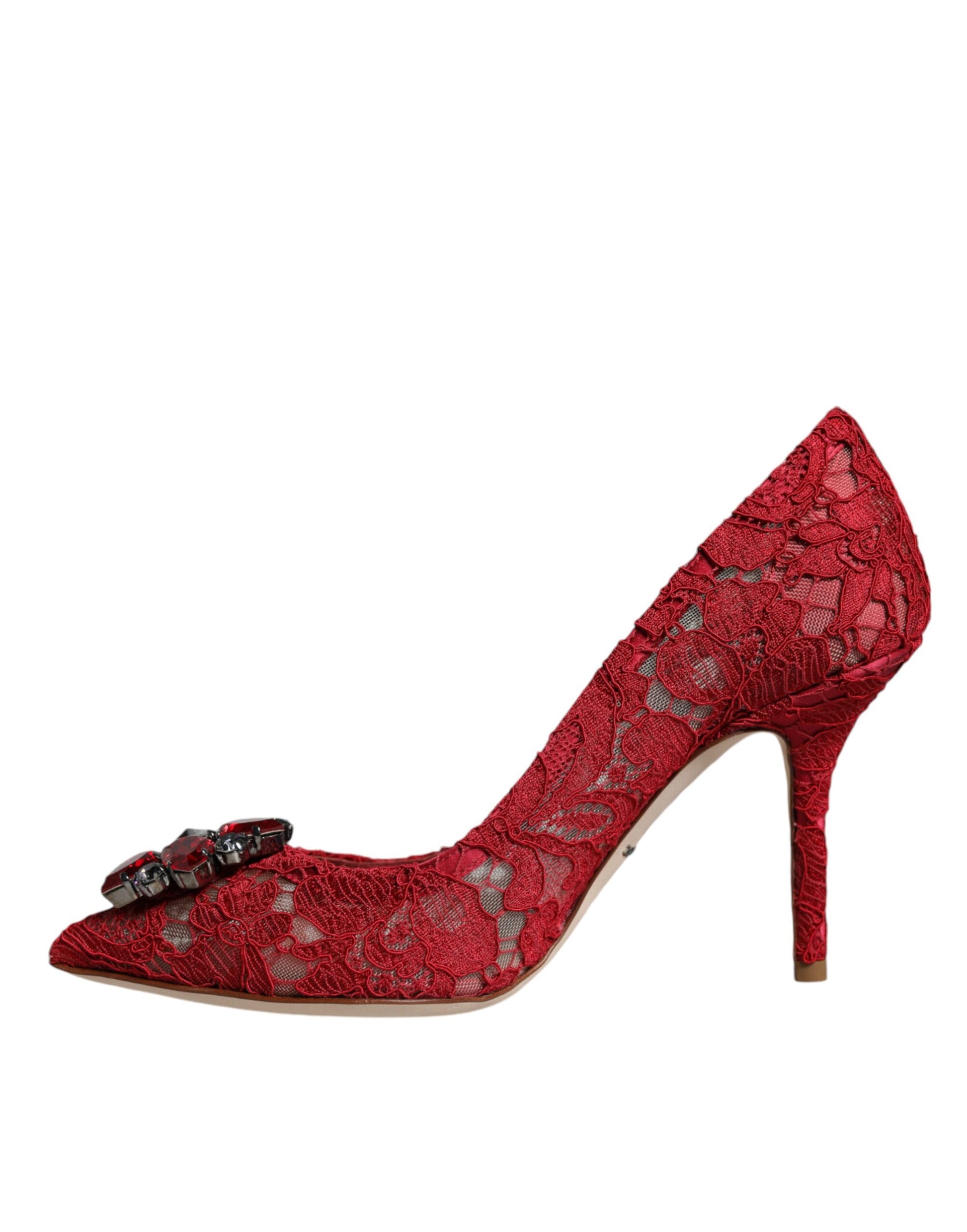 Rote Taormina Pumps mit Spitzen und Kristallabsatz