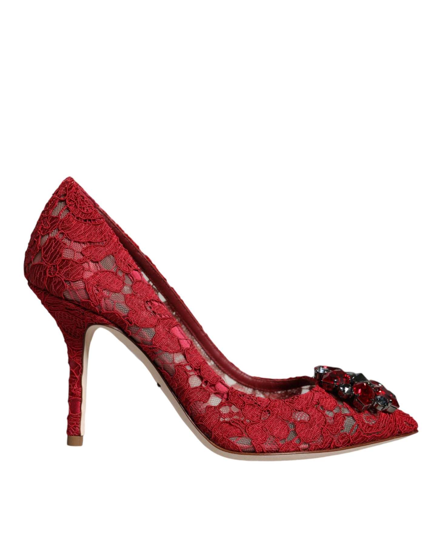 Rote Taormina Pumps mit Spitzen und Kristallabsatz