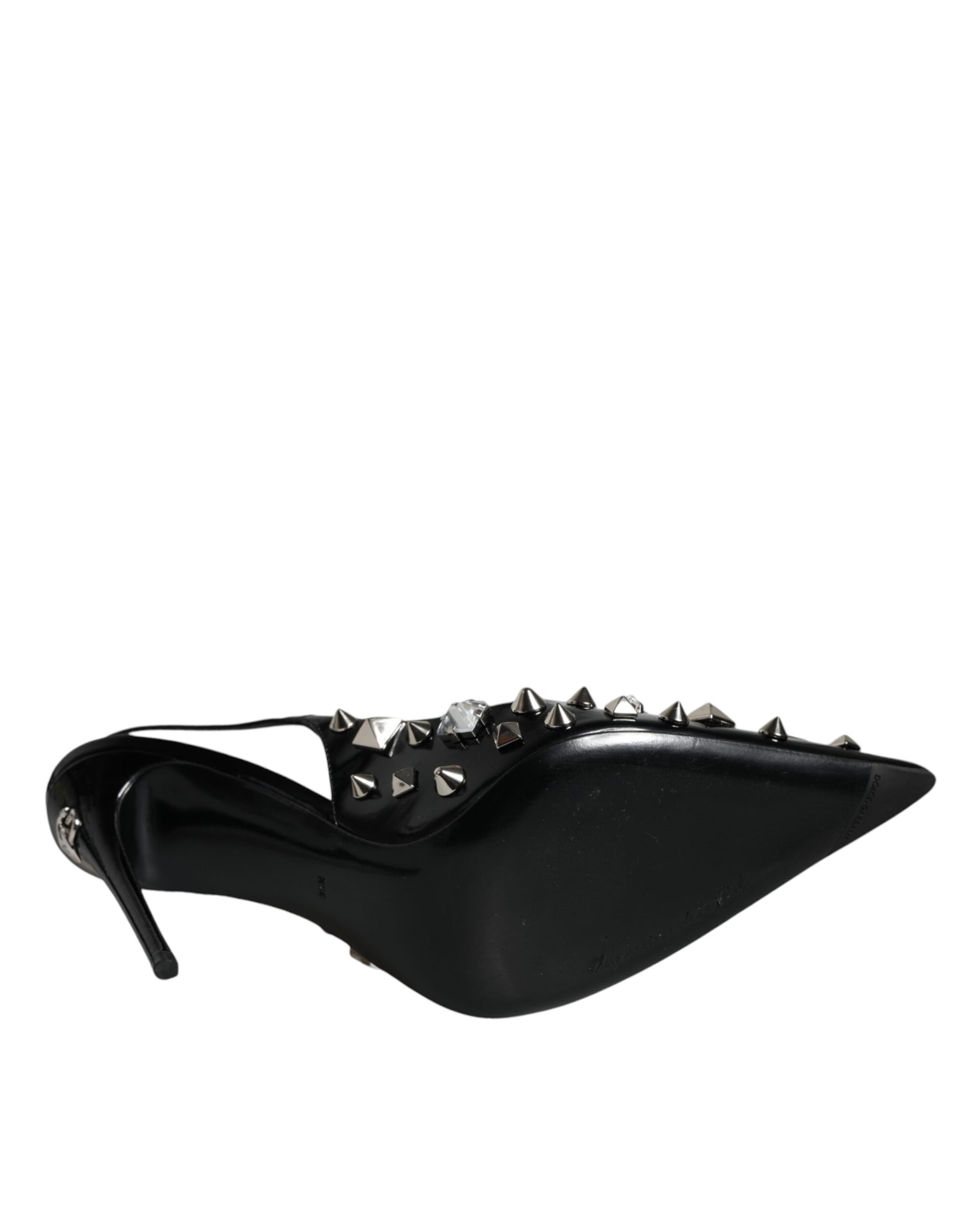 Black Leather Crystal Stud Slingback Shoes