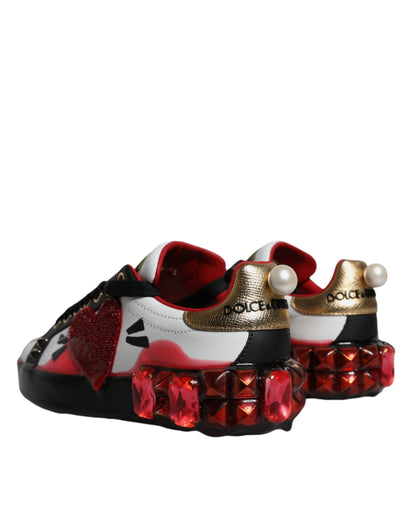 White Red Crystals Leather Portofino Sneakers Shoes