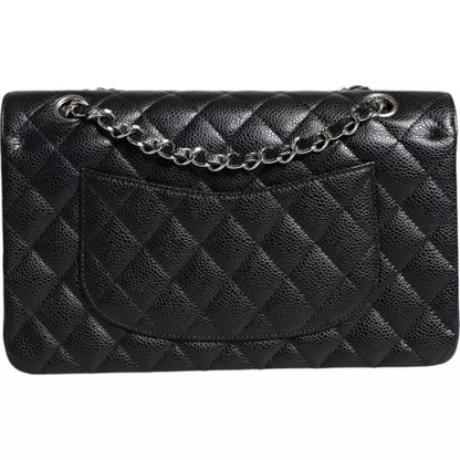 Black Caviar Medium Classic Double Flap Shoulder Quilted Silver Bag