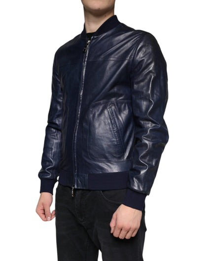 Blue Lambskin Leather Full Zip Biker Jacket