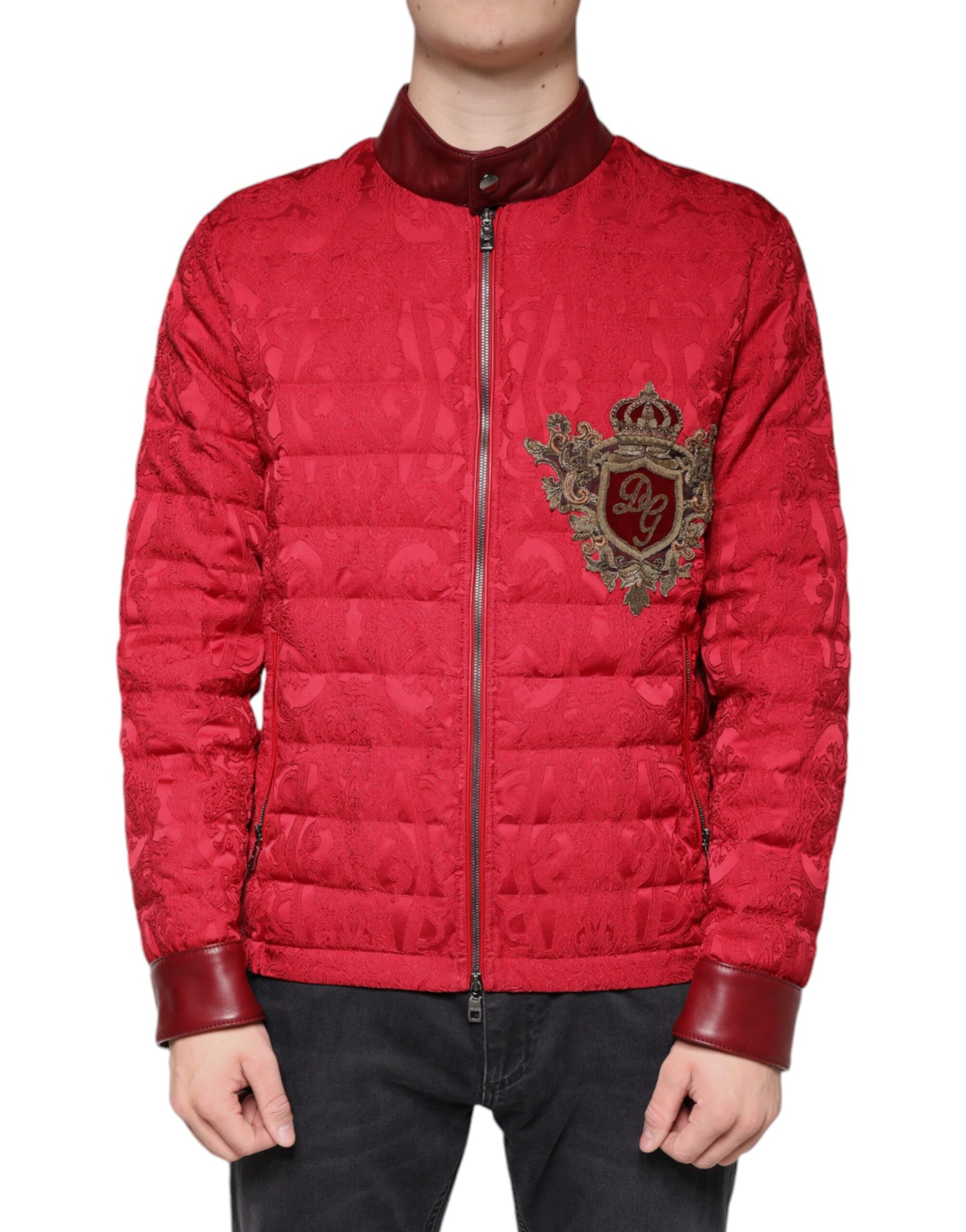 Red Quilted Bomber Gold Crown Logo Jacket