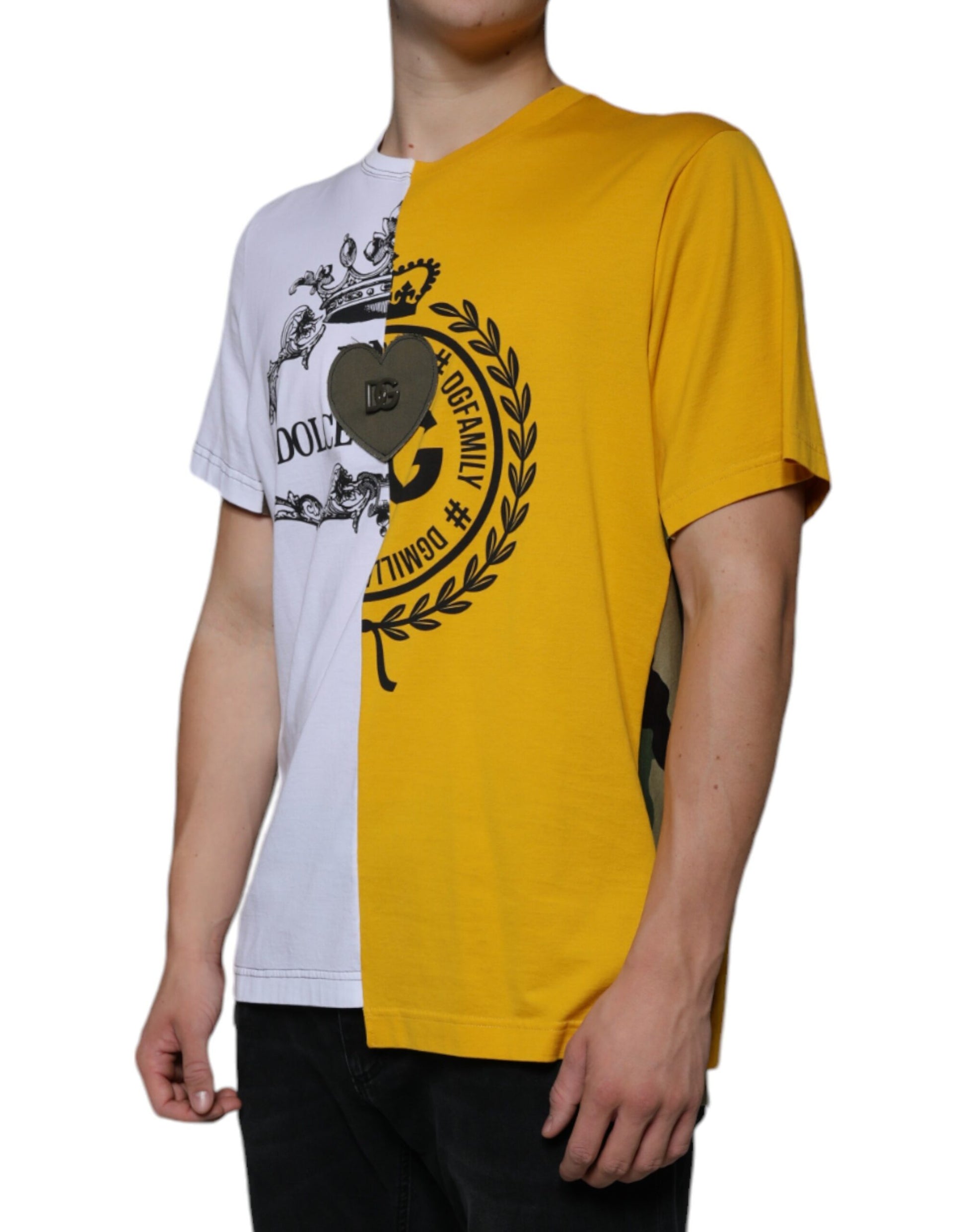 Weiß-gelbes Kurzarm-T-Shirt mit Logo-Print