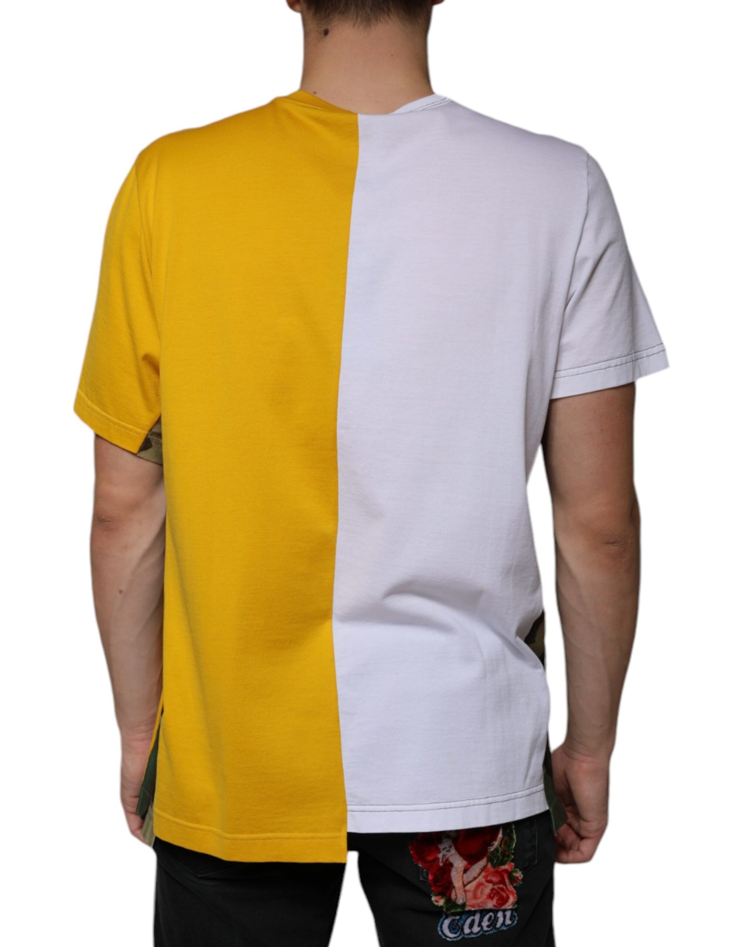 Weiß-gelbes Kurzarm-T-Shirt mit Logo-Print