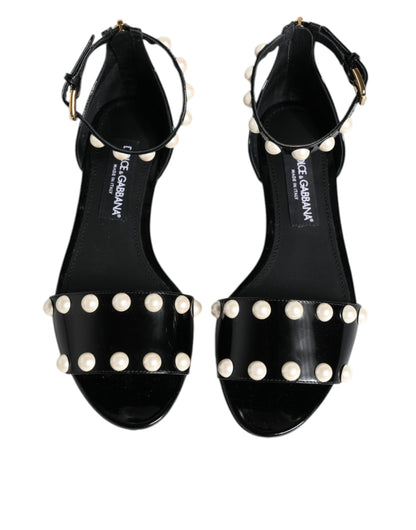 Black Leather Pearls Ankle Strap Sandals Shoes