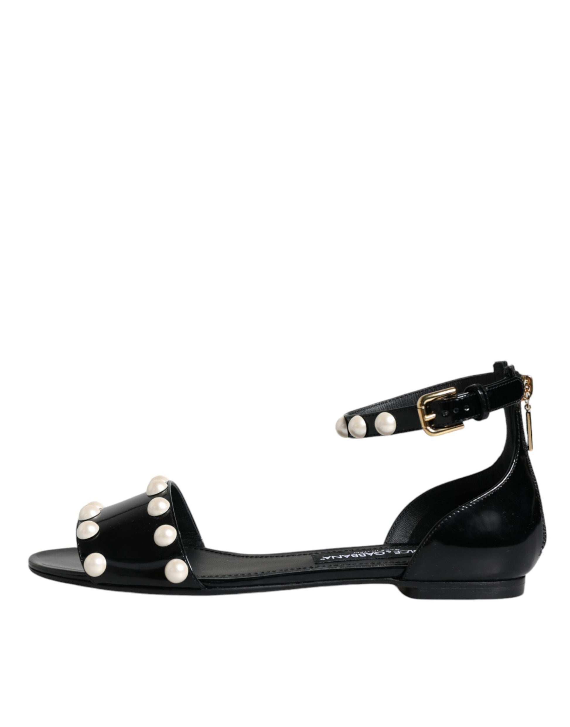 Black Leather Pearls Ankle Strap Sandals Shoes