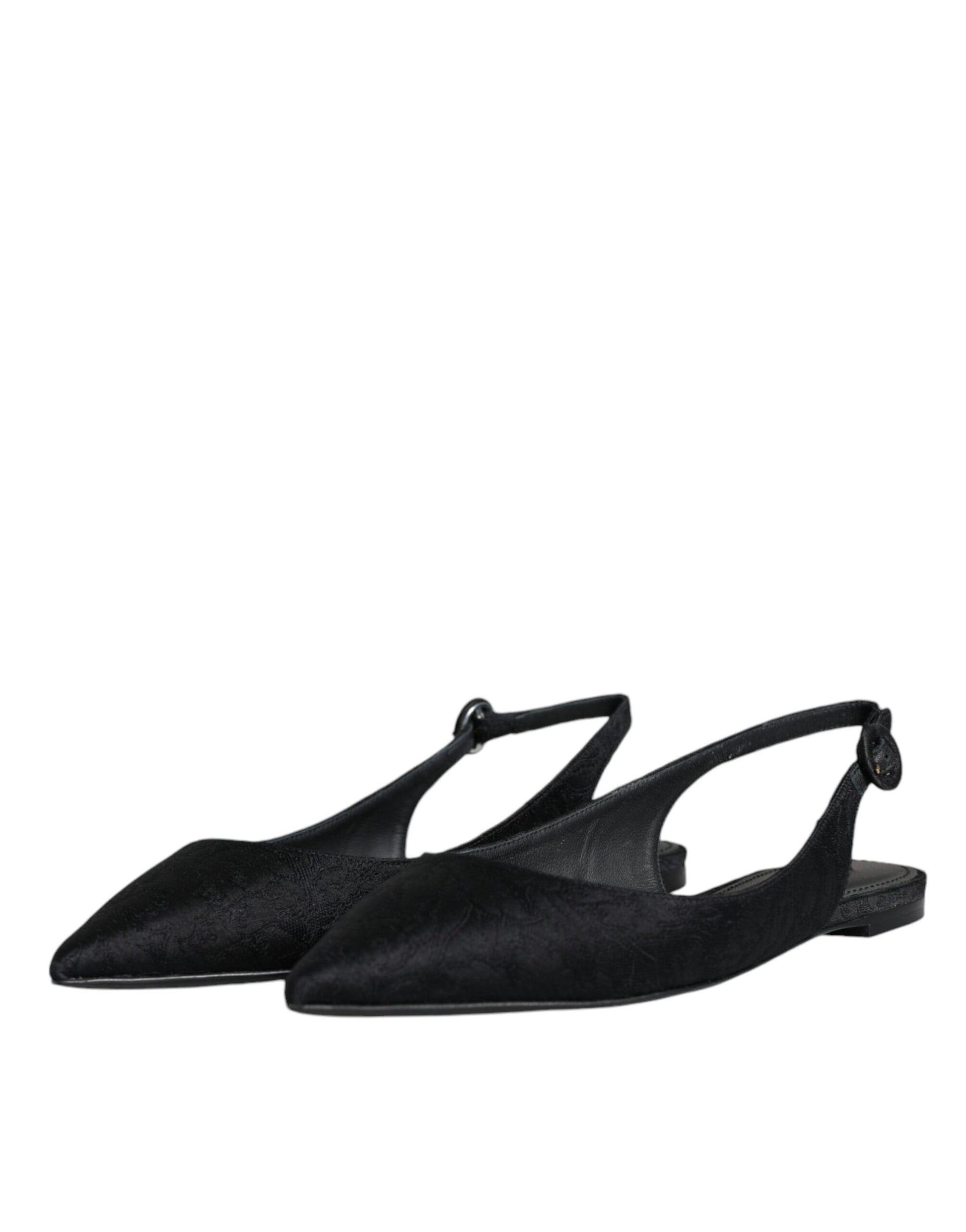 Schwarze Brokat-Flachschuhe, Sandalen, Slingback-Schuhe