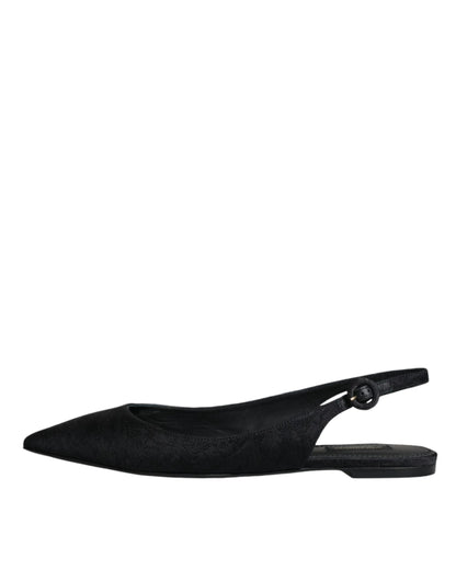 Schwarze Brokat-Flachschuhe, Sandalen, Slingback-Schuhe