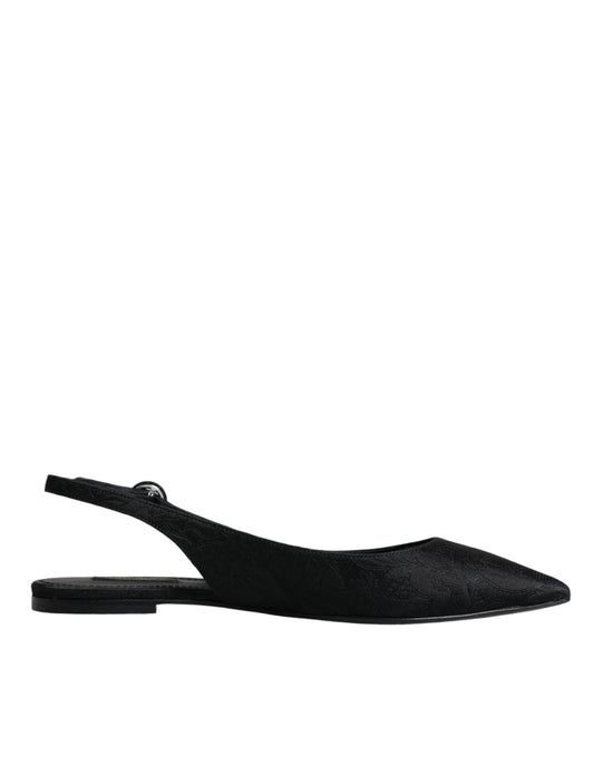 Schwarze Brokat-Flachschuhe, Sandalen, Slingback-Schuhe