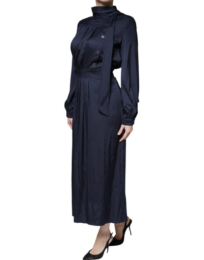 Dark Blue Long Sleeves Pleated A-line Maxi Dress