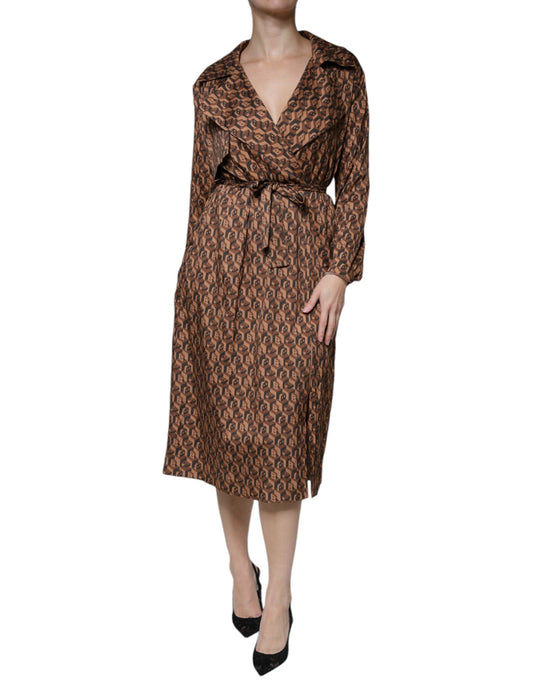 Brown Printed Long Sleeves V-neck Wrap Midi Dress