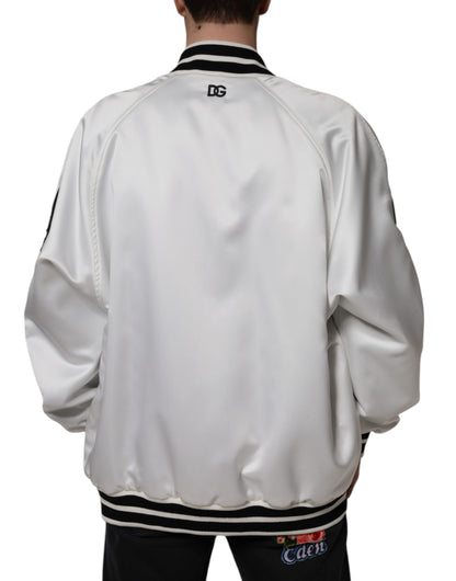 White Polyester Logo Full Zip Bomber Jacket