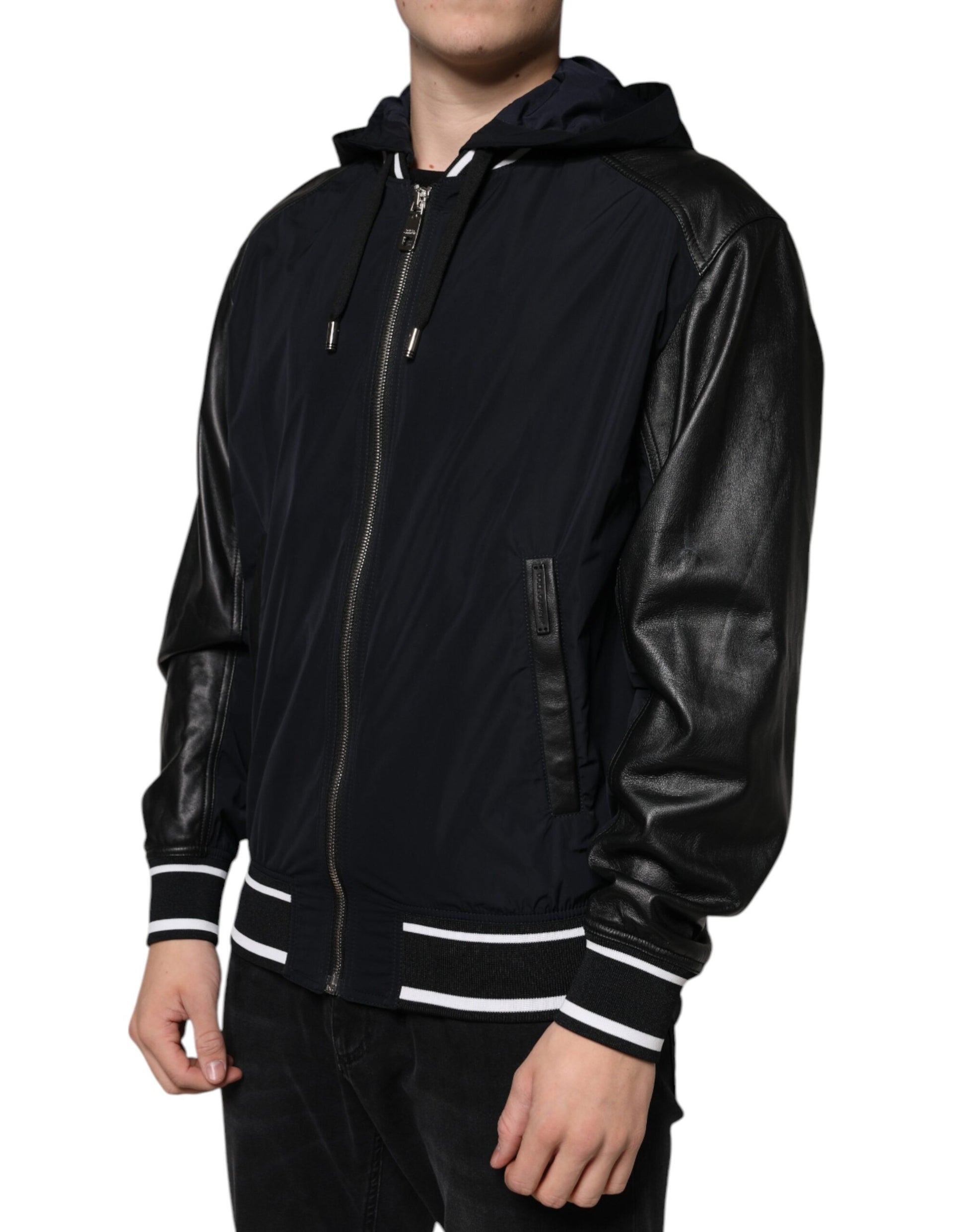 Black Hooded Full Zip Men Bomber Jacket