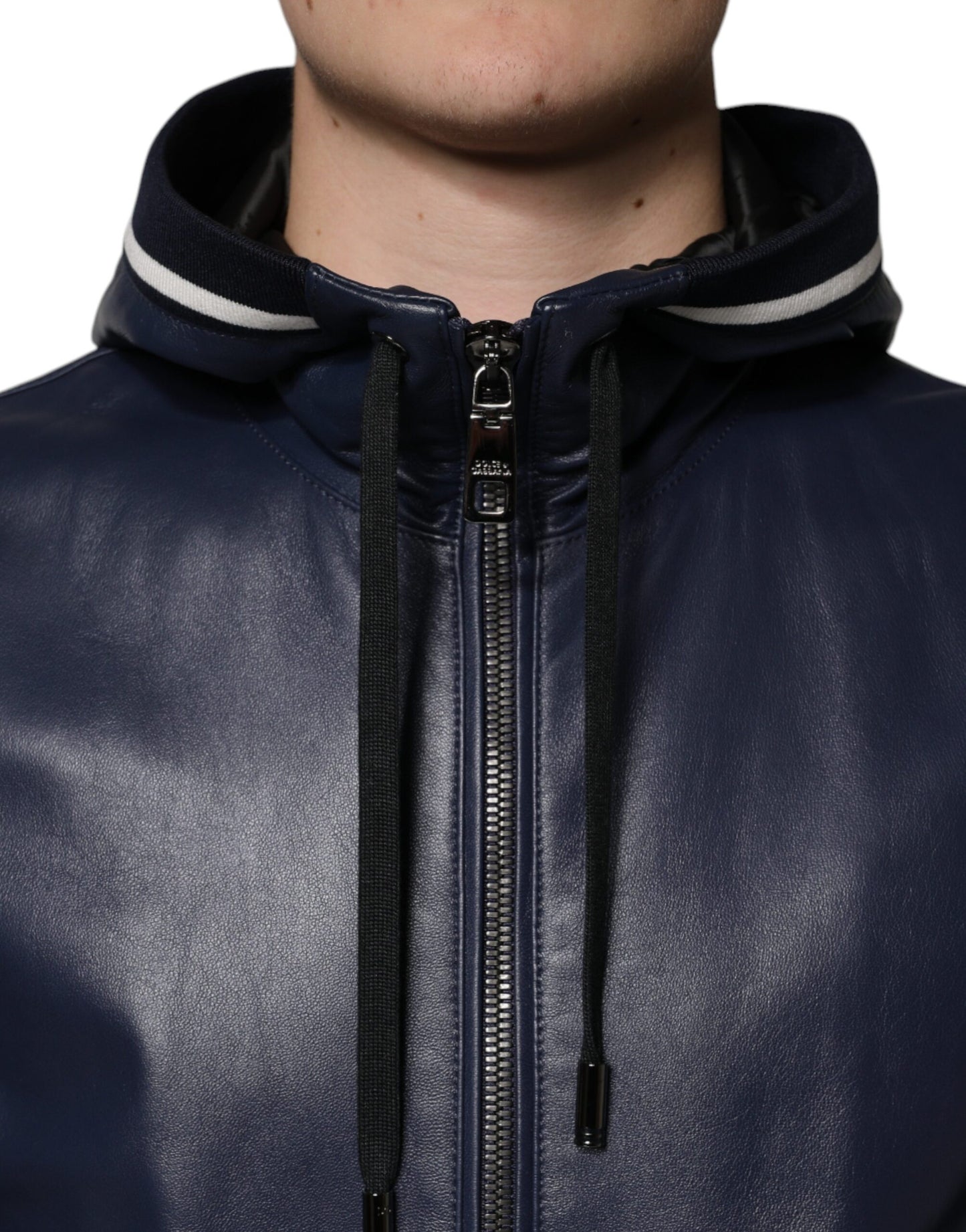 Blue Leather Full Zip Hooded Bomber Jacket