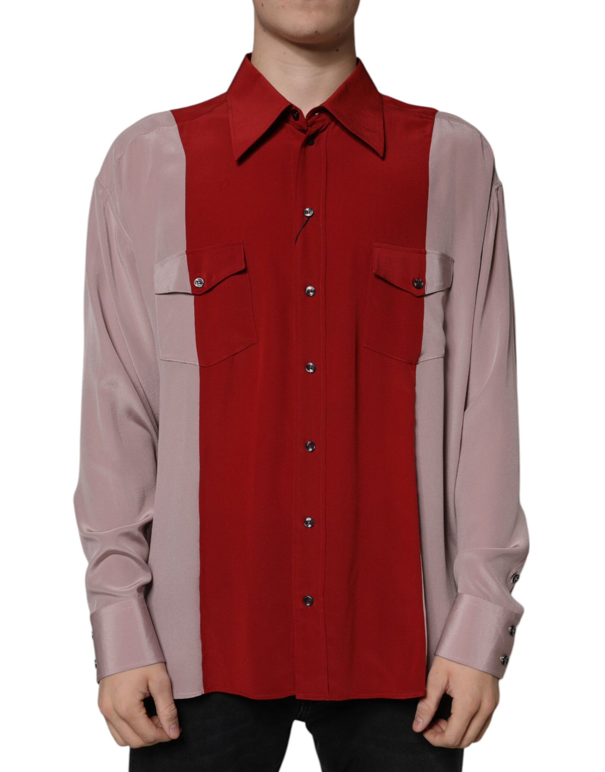 Red Pink Silk Collared Button Down Shirt