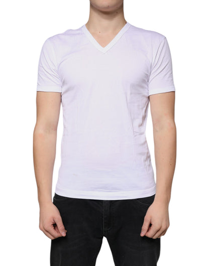 White Cotton V-neck Short Sleeves T-shirt