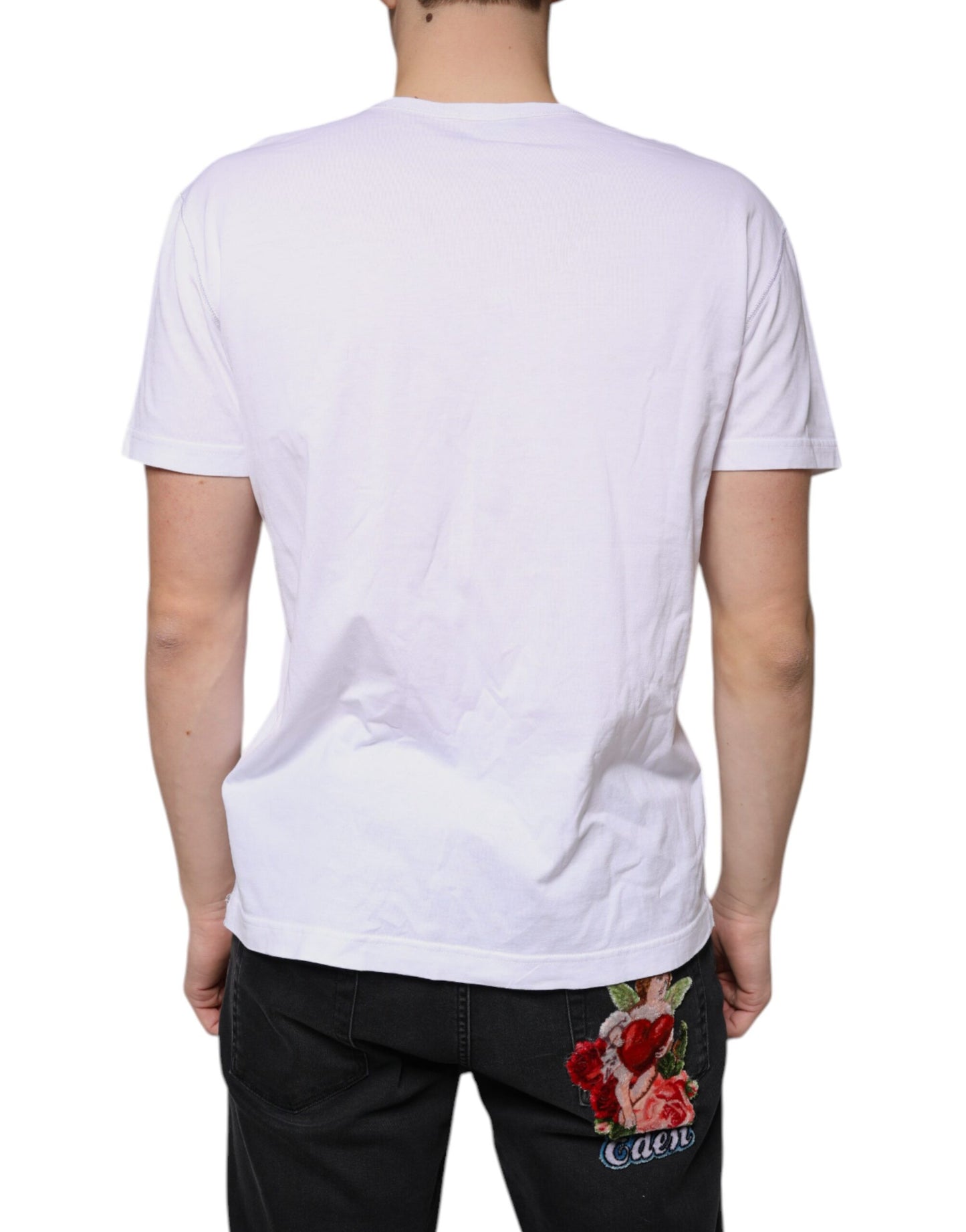 White Logo Cotton V-neck Short Sleeve T-shirt