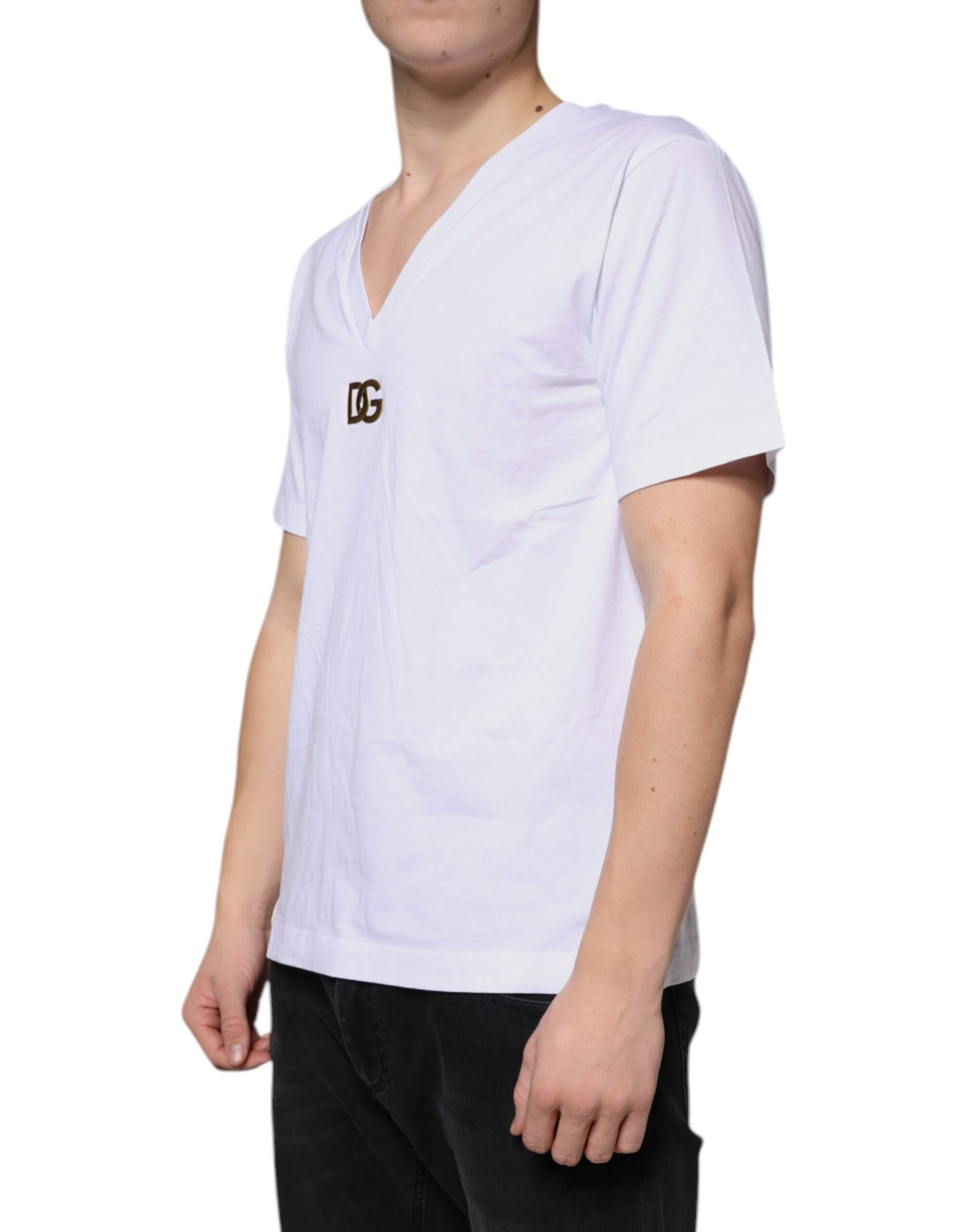 White Logo Cotton Vneck Short Sleeve T-shirt