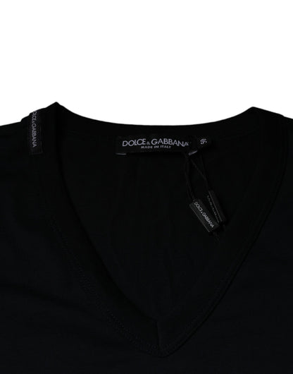 Black Logo Cotton Vneck Short Sleeve T-shirt