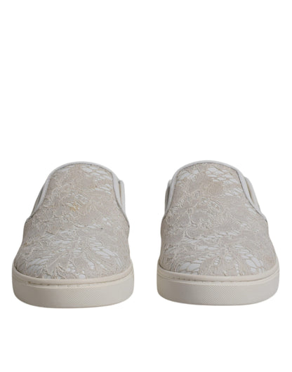 White Floral Lace Slip On Loafers Shoes