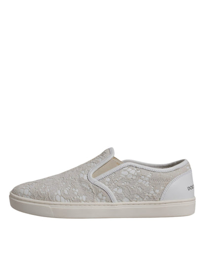 White Floral Lace Slip On Loafers Shoes