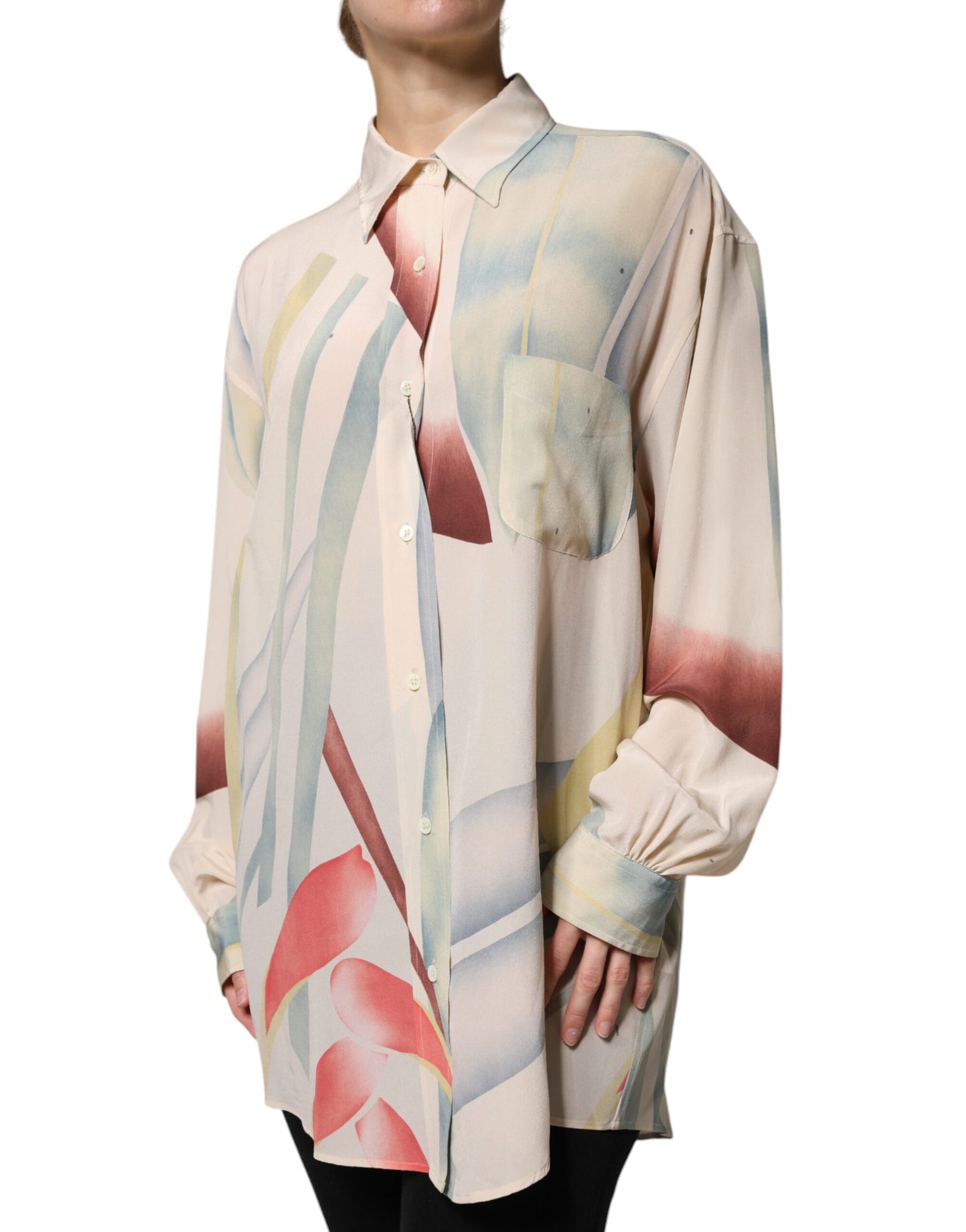 Beige Printed Collared Buttoned Long Sleeves Blouse Top