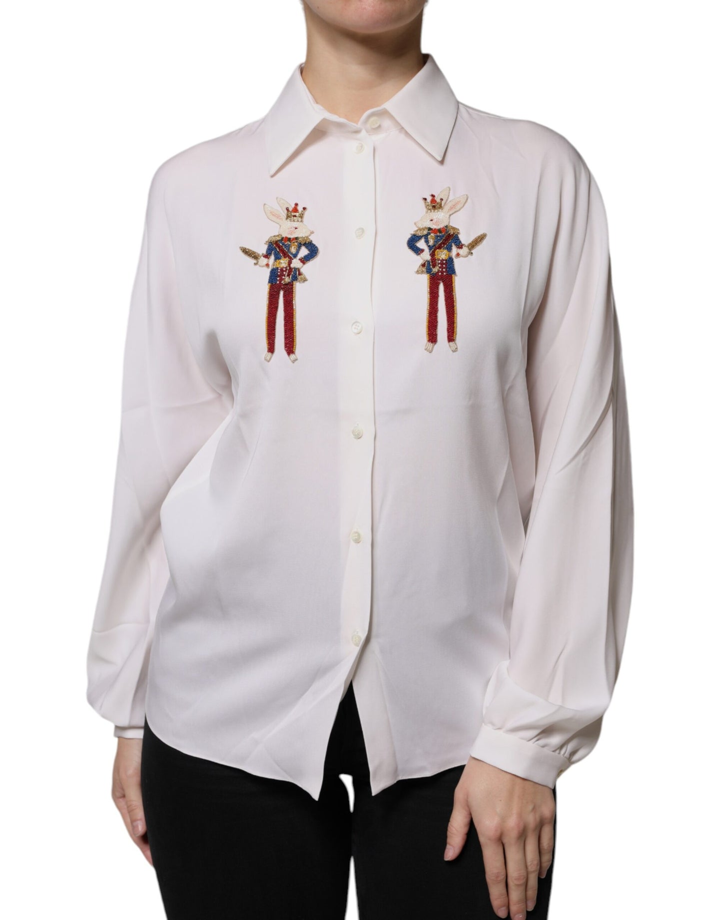 White Rabbit Patch Silk Collared Blouse Top