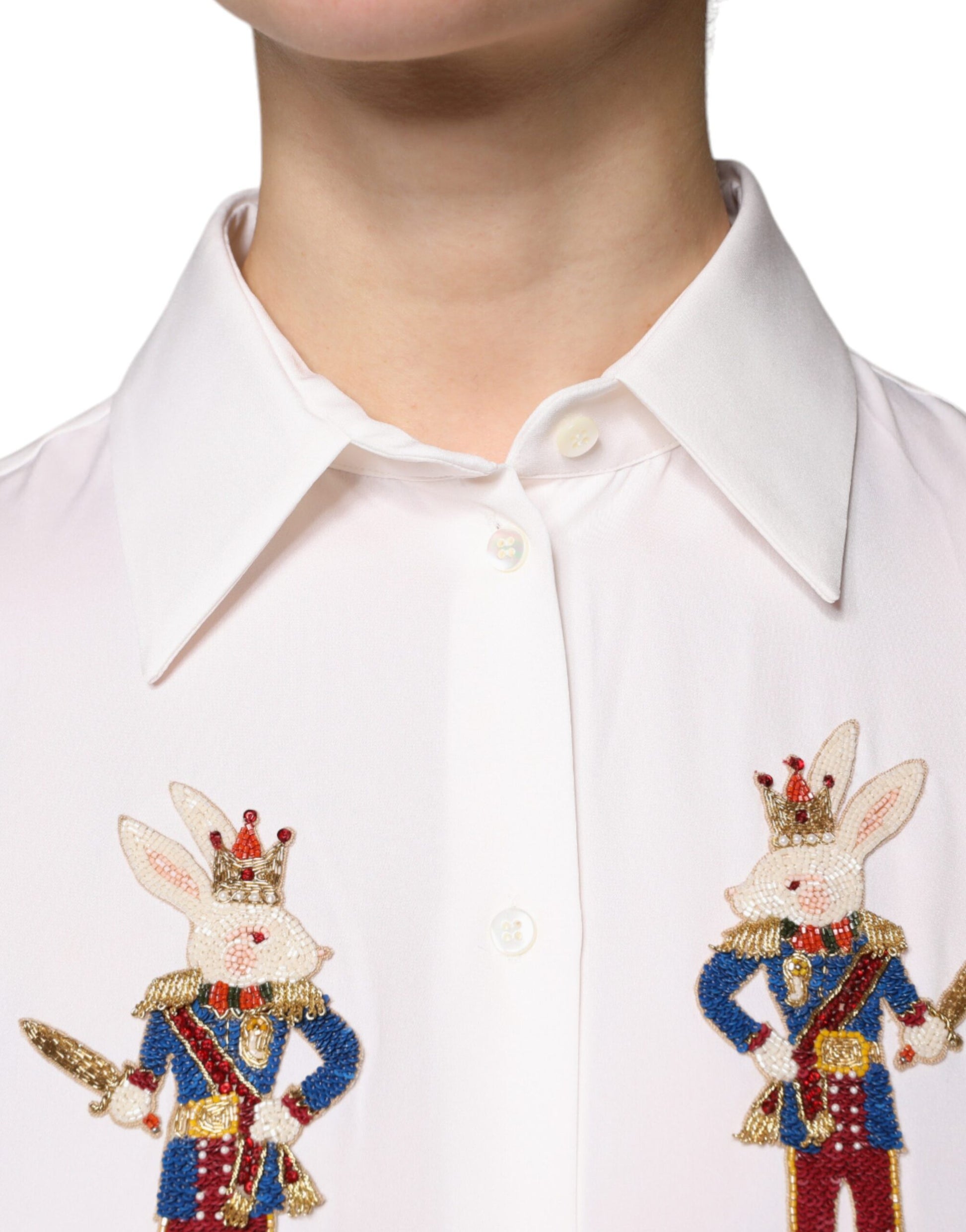 White Rabbit Patch Silk Collared Blouse Top