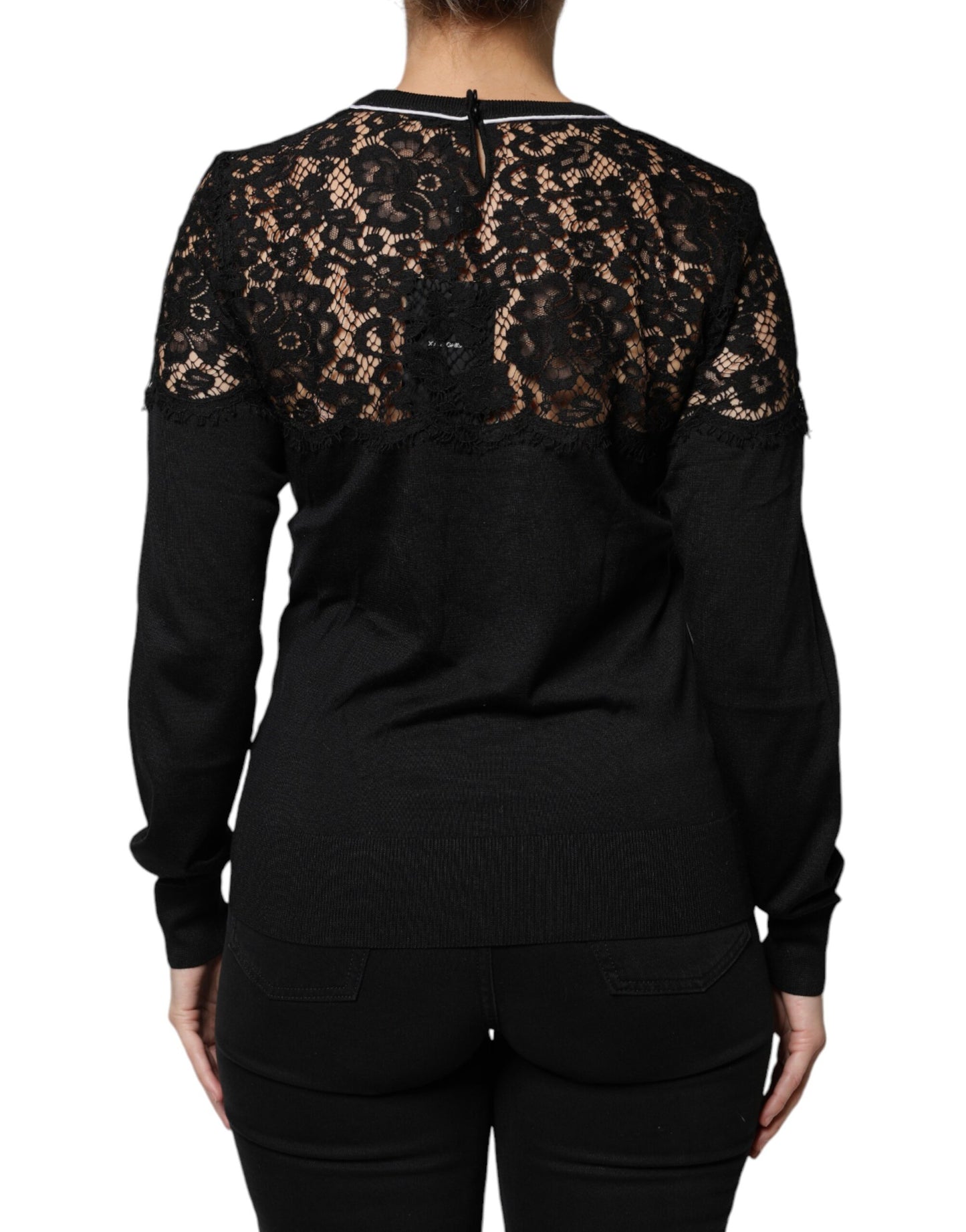 Black Floral Lace Silk Pullover Blouse Top