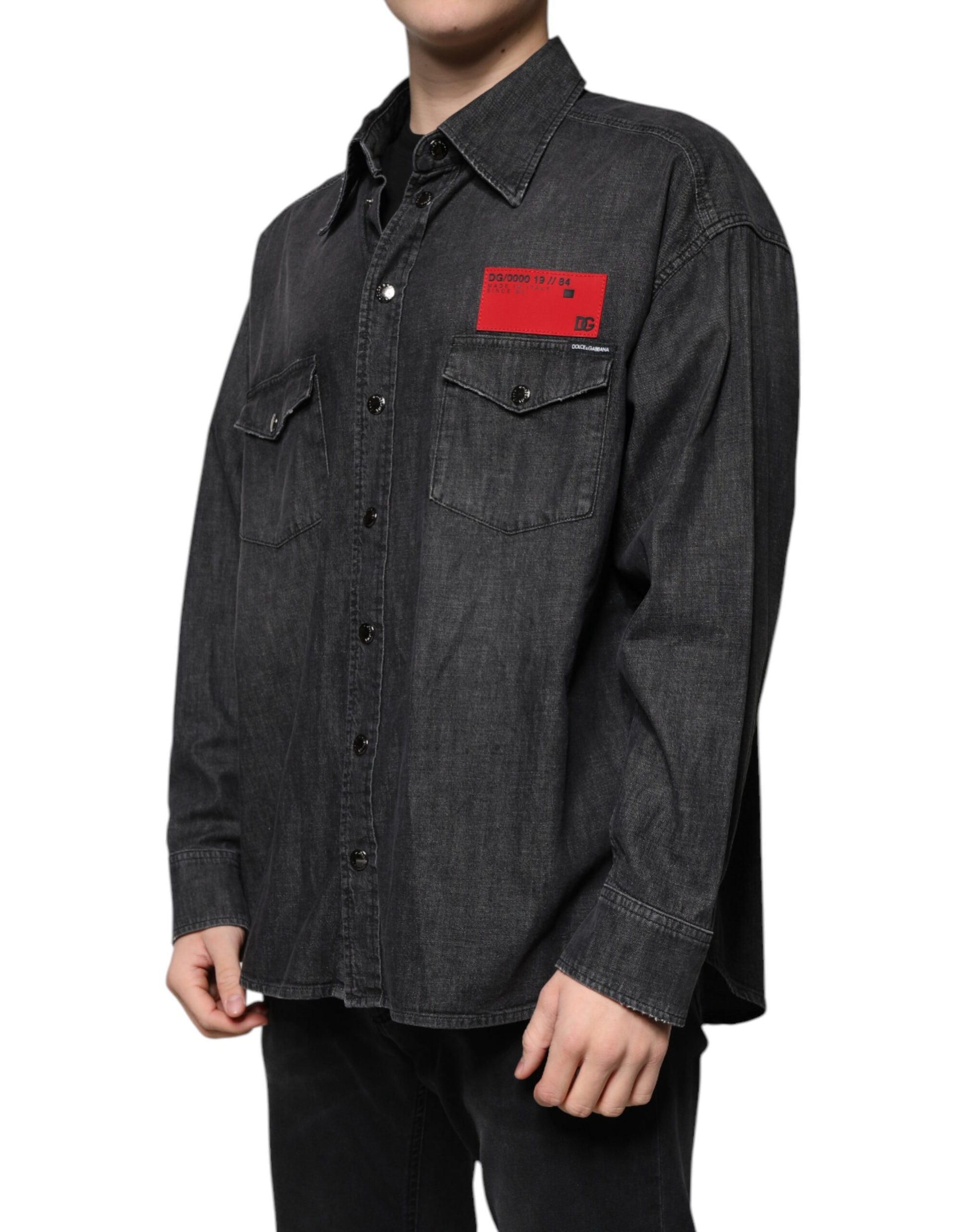 Black Logo Cotton Button Down Denim Shirt