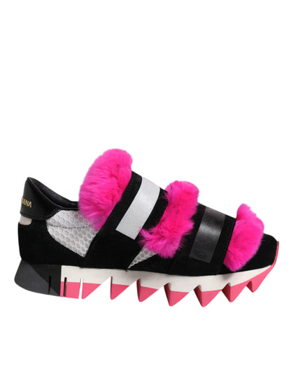 Black Pink Fur Embellished Sneakers Shoes