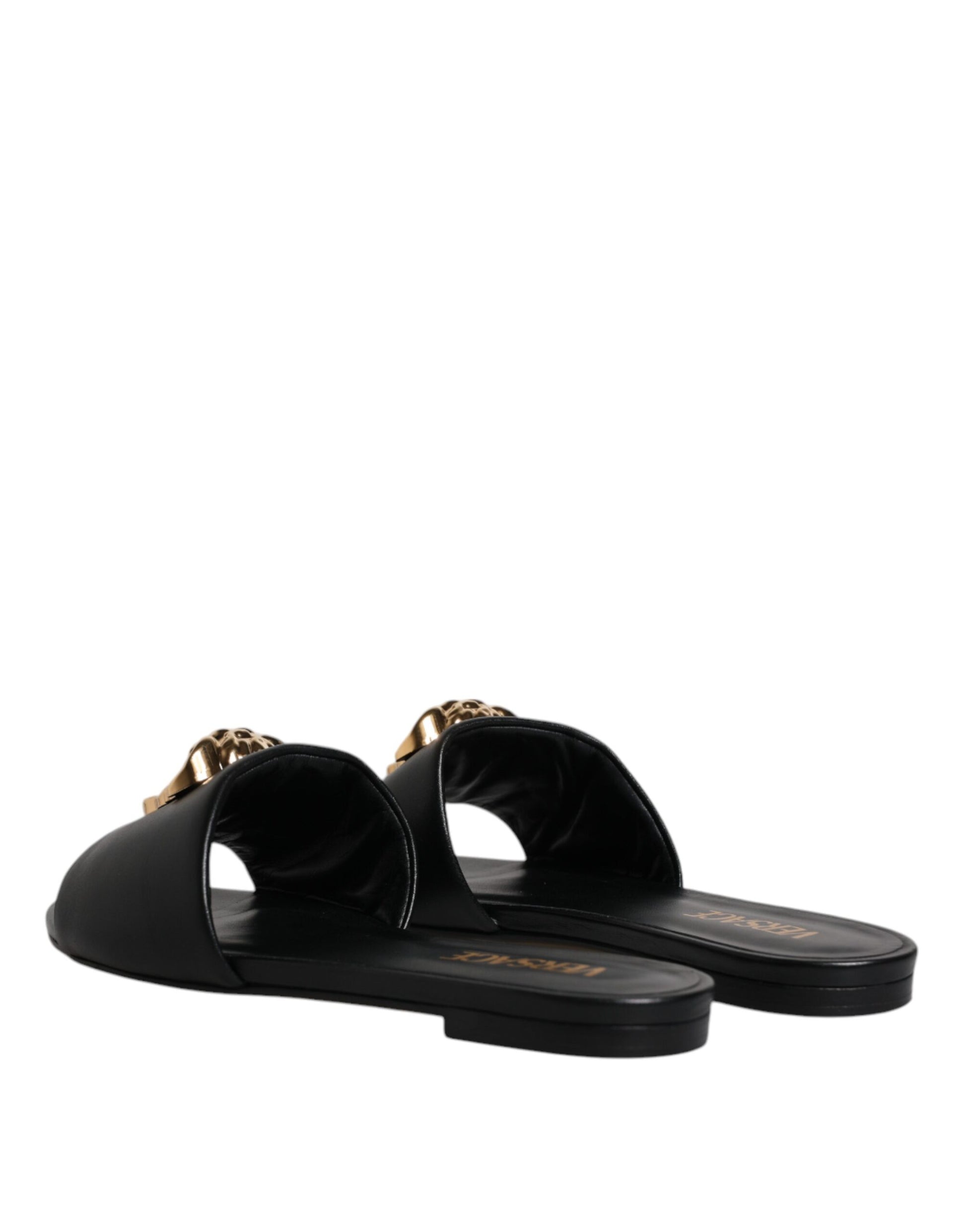 Black Leather Logo Plaque Slip On Slides Flats Shoes