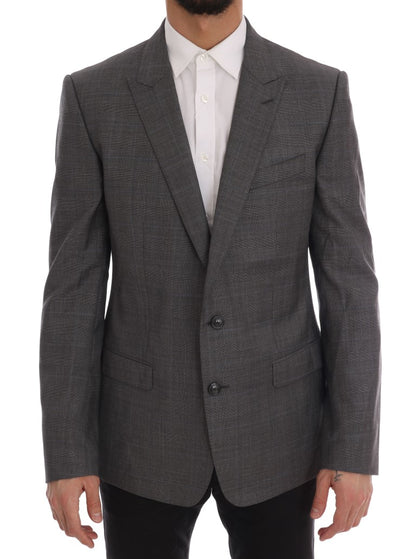 Sleek Gray Checkered Wool Blazer