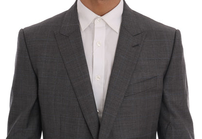 Sleek Gray Checkered Wool Blazer