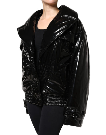 Black Polyester Button Down Blouson Jacket