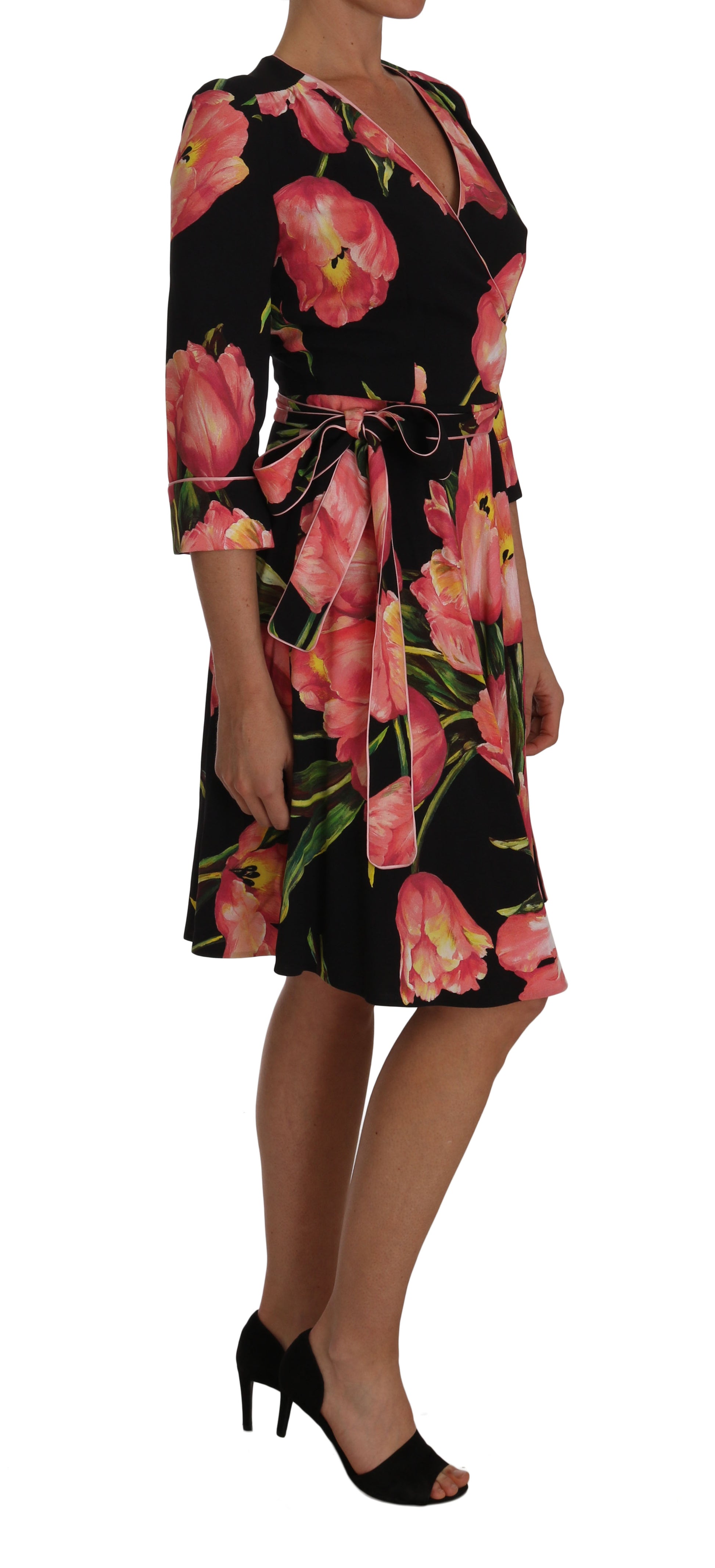 Elegant Black Shift Dress with Pink Tulips Print