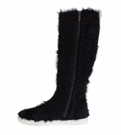 Elegant Black Fur Leather Flat Sneaker Boots