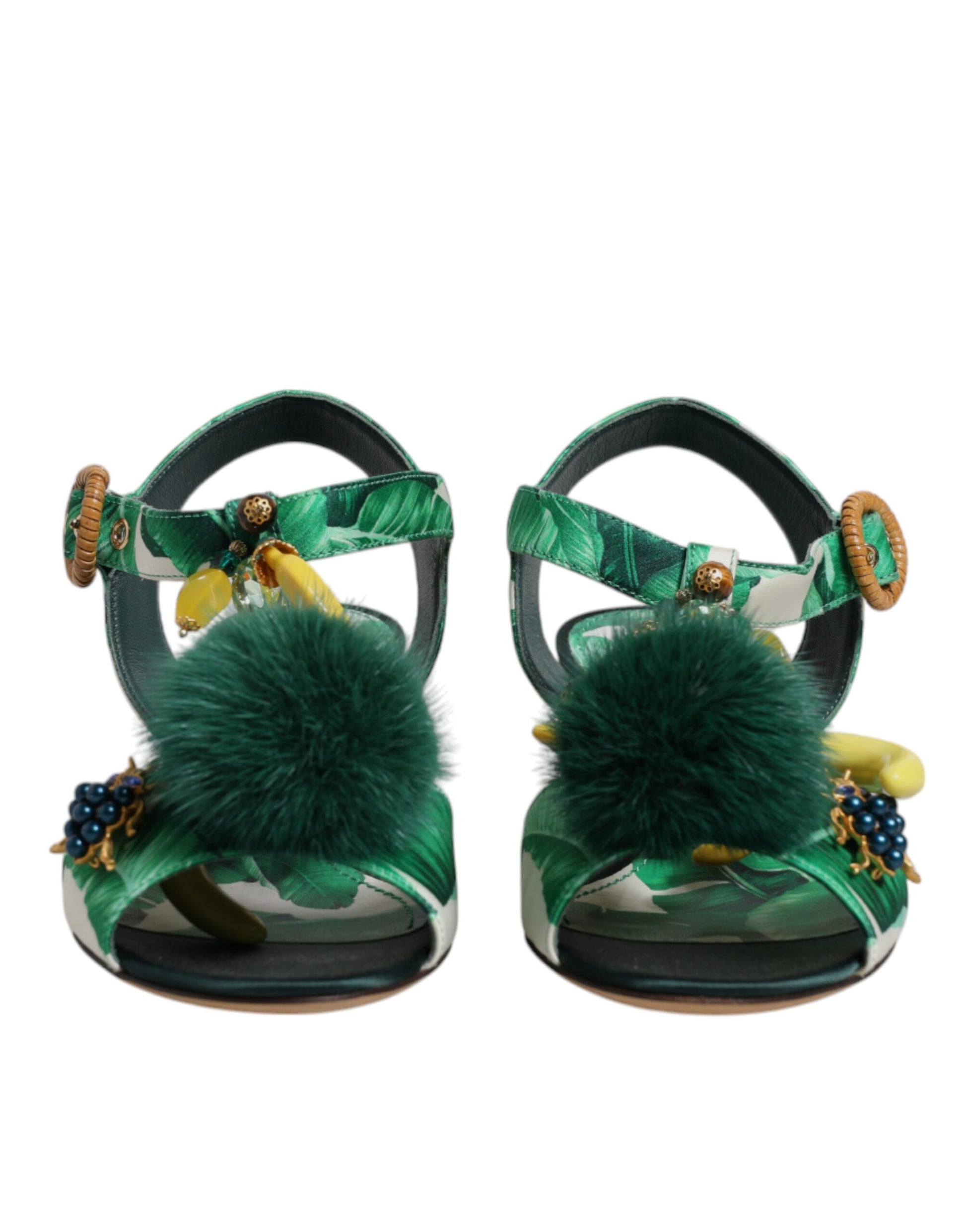 Green Crystal Fur Embellished Sandals Shoes