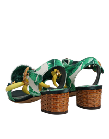 Green Crystal Fur Embellished Sandals Shoes