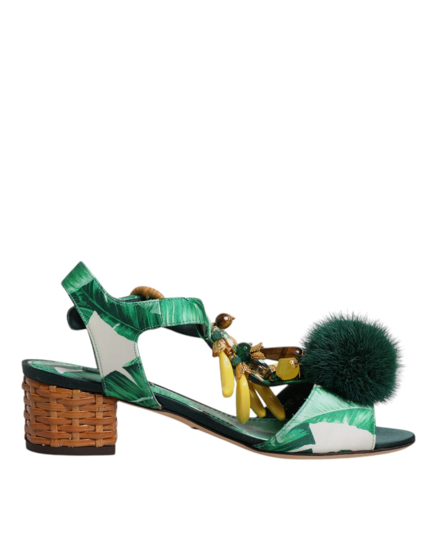 Green Crystal Fur Embellished Sandals Shoes