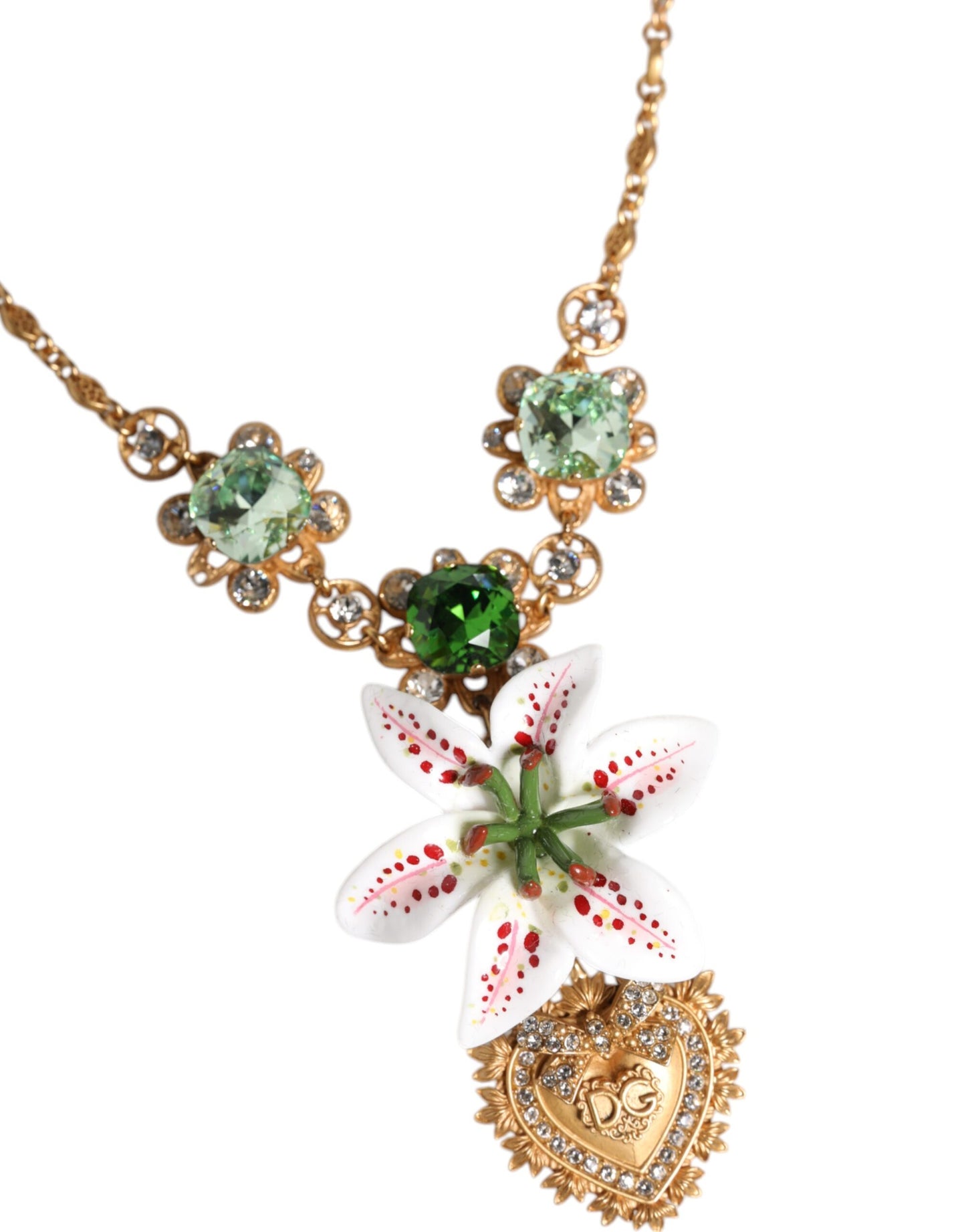 Gold Brass Lily Crystal Sacred Heart Pendant Necklace