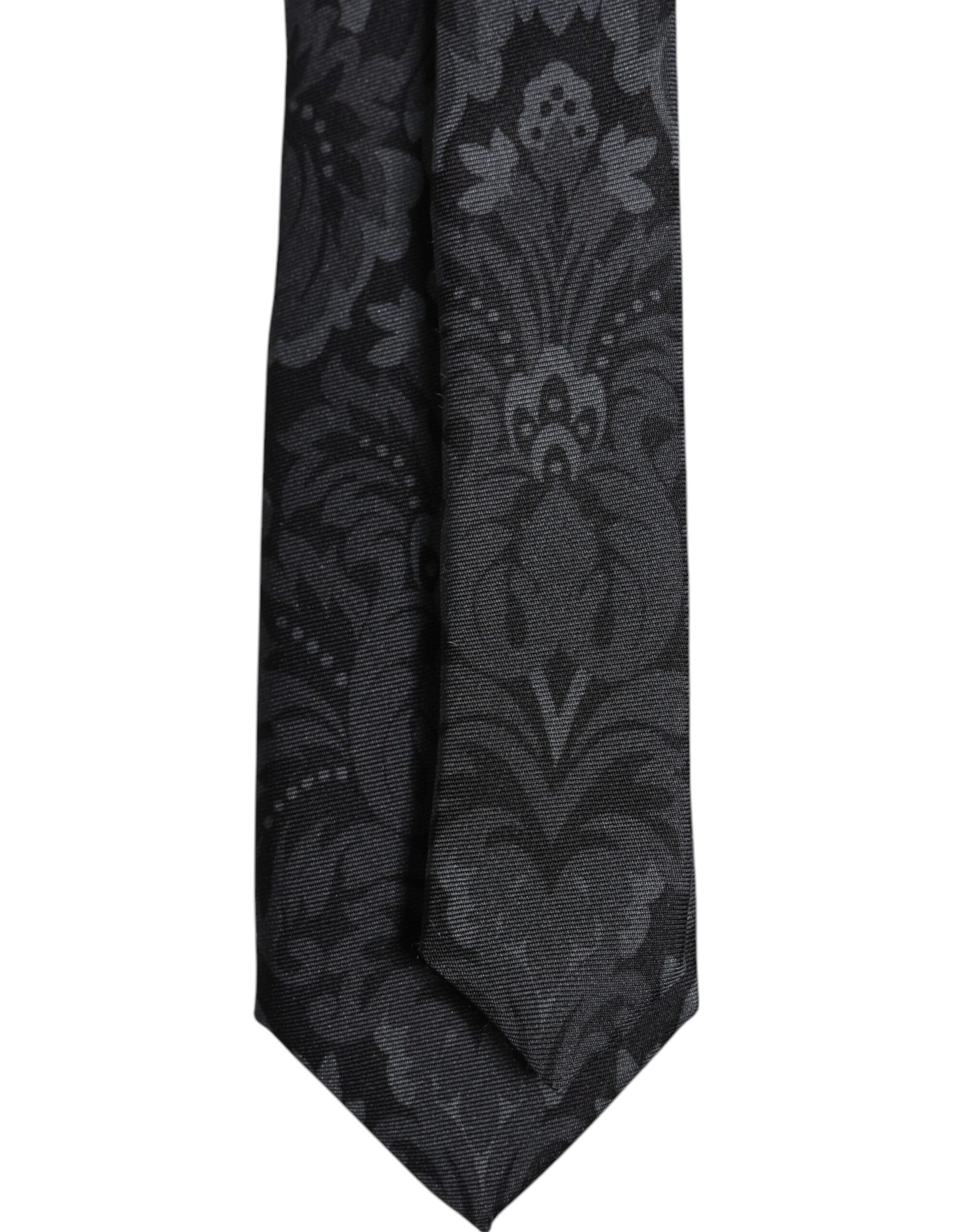 Black Gray Flower Print Adjustable Necktie Tie