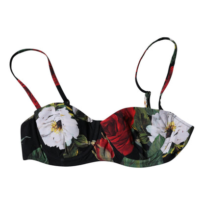 Black Floral Print Nylon Balconcino Bra Underwear