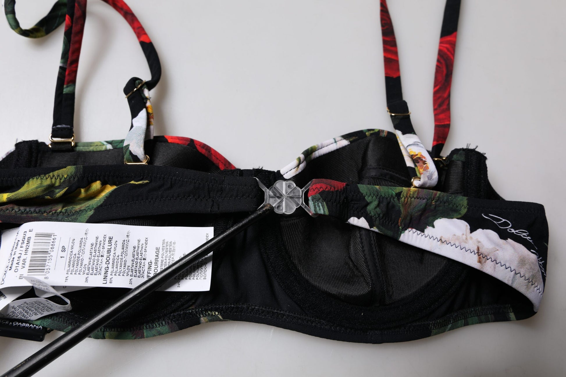 Black Floral Print Nylon Balconcino Bra Underwear