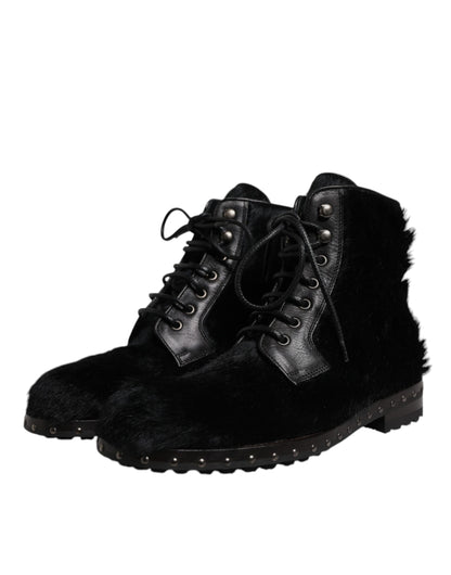 Black Pony Style Leather Mid Calf Boots Shoes