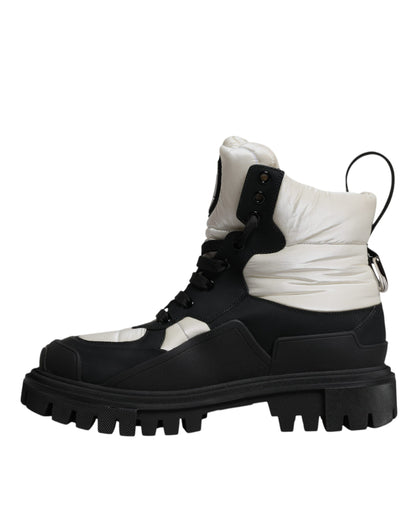 Black White Padded Mid Calf Lace Up Boots Shoes