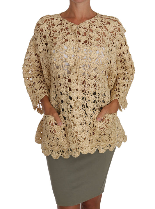 Chic Beige Crochet Raffia Cardigan